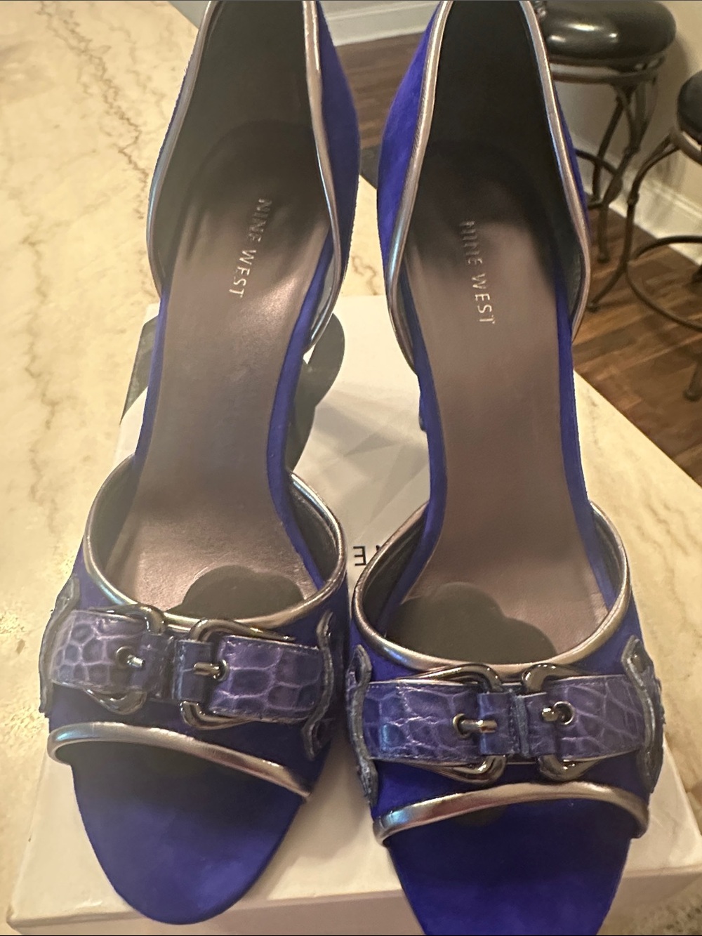 Nine West Cobalt Blue Open-Toe Heels with Buckle Detail